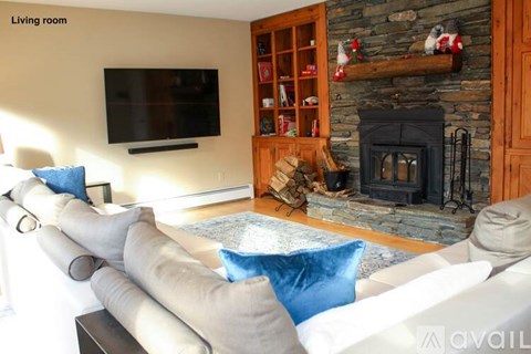 A living room with a fireplace and a television mounted on the wall.