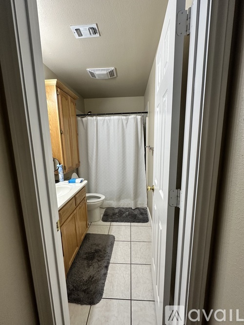 A bathroom with a toilet, sink, and shower curtain.