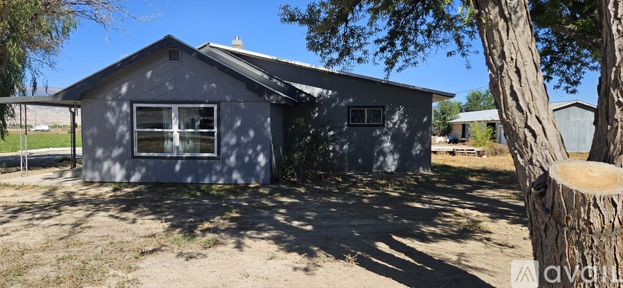 A grey house with a tree in front of it.