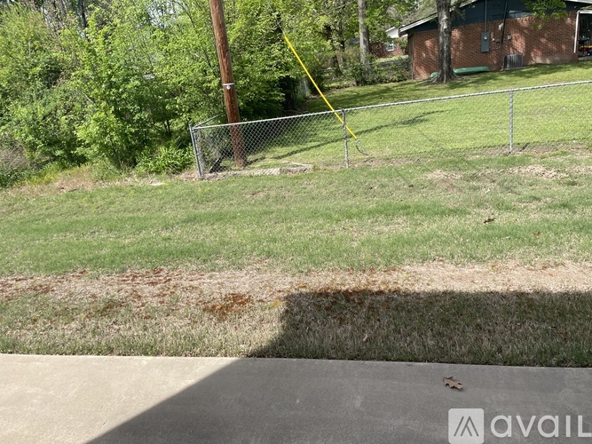 A grassy area with a fence and a yellow tape on a pole.