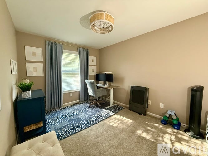 A living room with a blue rug and a television.