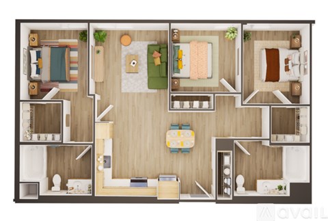 A top-down view of a small apartment layout with a kitchen, living room, and two bedrooms.