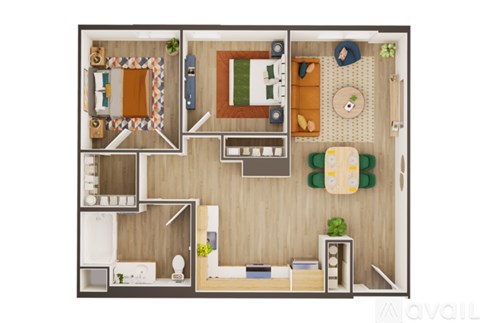 A top-down view of a small apartment with a kitchen, living room, and bathroom.