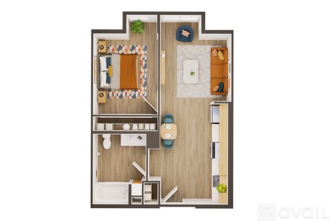 A floor plan of a small apartment with a kitchen, living room, and bathroom.