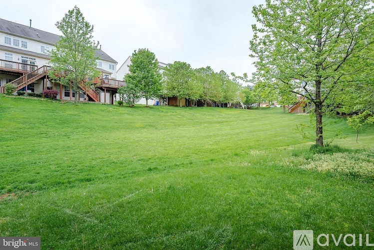 A grassy field with a tree and houses in the background.