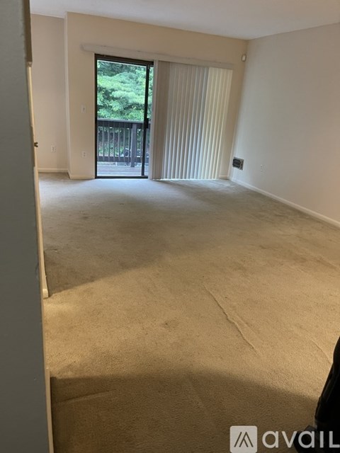 A room with a carpeted floor and a sliding glass door leading to a balcony.
