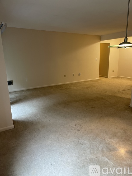 A large empty room with a light hanging from the ceiling.