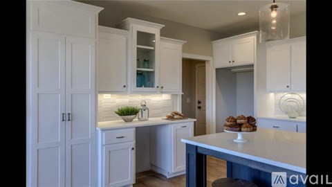 A kitchen with white cabinets and a countertop with a plant and a vase on it.