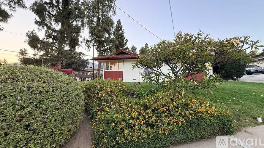 A house with a red roof is surrounded by green bushes and trees.