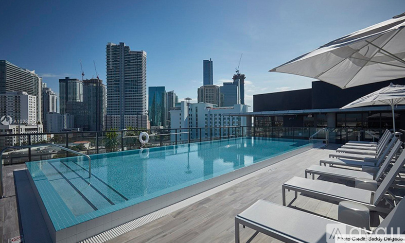 A rooftop pool with lounge chairs and a city skyline in the background.
