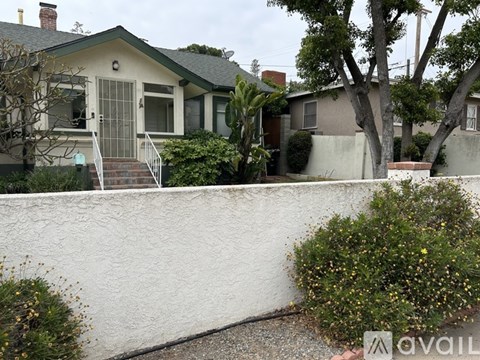 A house with a white wall and a tree in front.