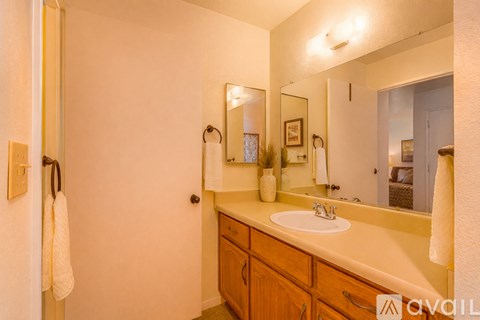 A bathroom with a sink, mirror, and towel rack.
