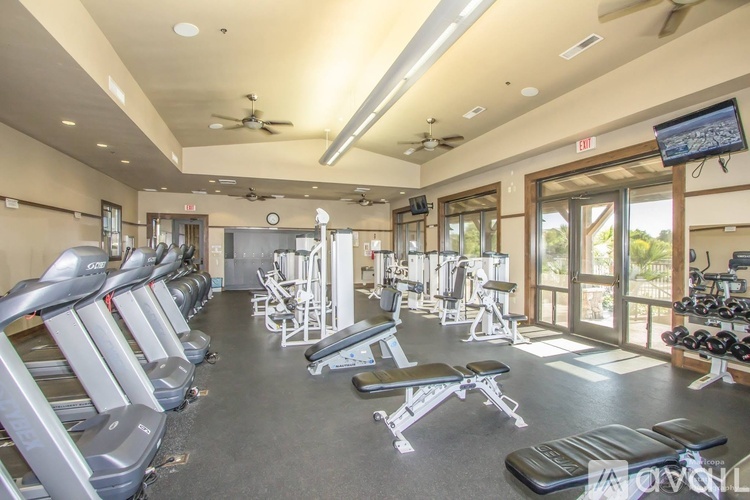 A gym with treadmills, weights, and exercise equipment.