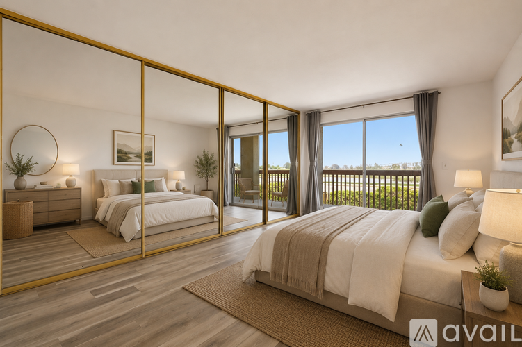 A bedroom with a large bed, a mirror, and a view of the outdoors through the window.