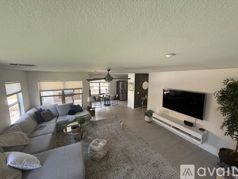 A living room with a grey sofa and a television.