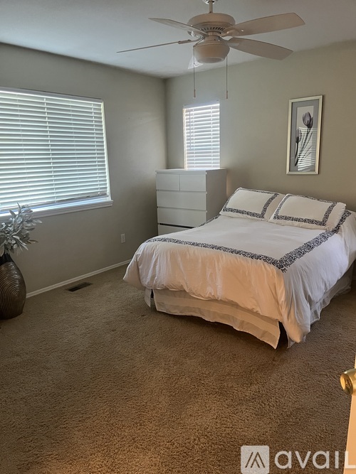 A bedroom with a bed, dresser, and ceiling fan.