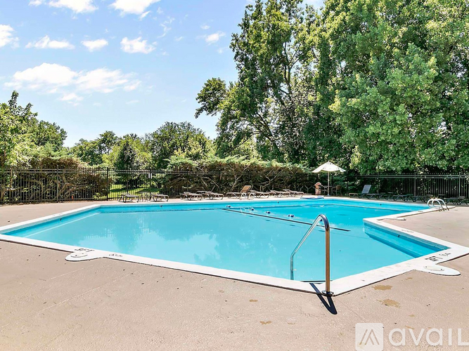 A large outdoor swimming pool surrounded by trees.