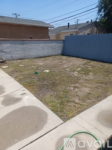 A backyard with a concrete patio and a green hose.