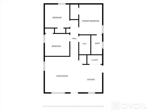 A floor plan of an apartment with two bedrooms, a living room, a kitchen, a laundry room, and two bathrooms.