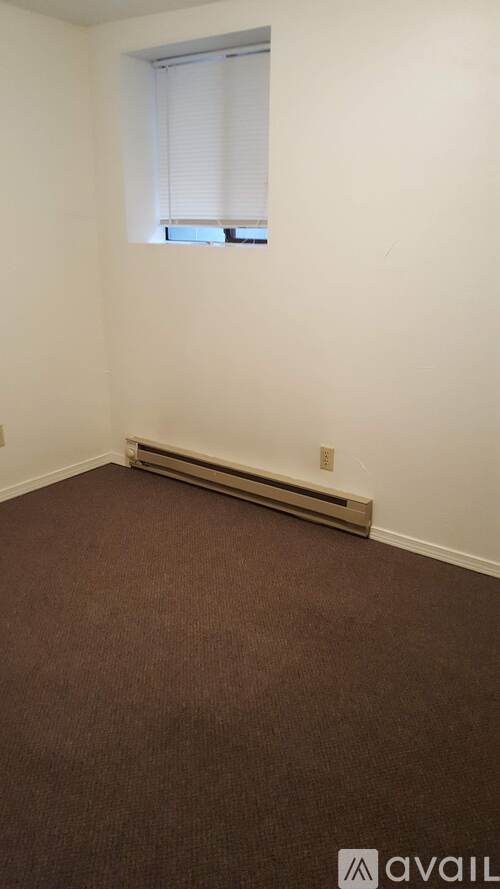 A room with a window and a carpeted floor.