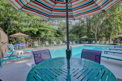 A colorful striped umbrella shades a table and chairs by a pool.