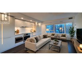 A modern living room with a large window and a view of the city.