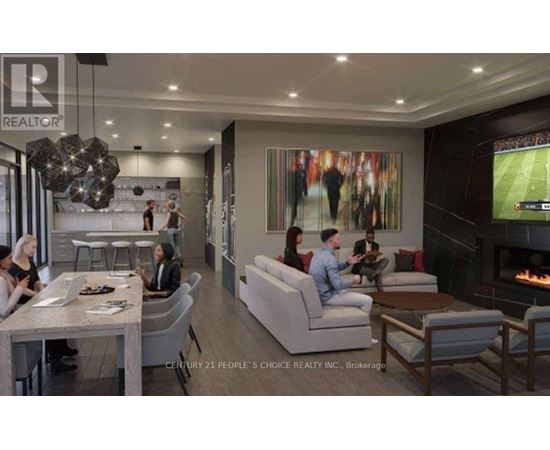 A group of people are sitting around a table in a modern living room.