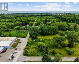 A bird's eye view of a green landscape with a building and cars.