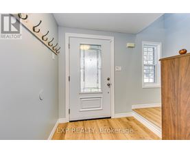 A white door with a glass window is in the middle of a room.