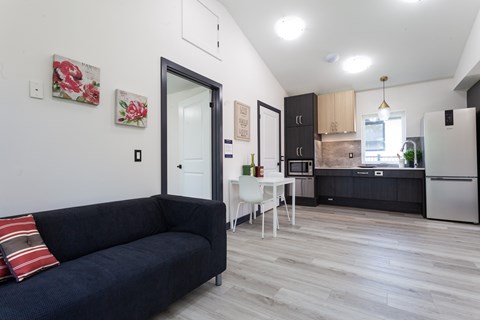 A modern living room with a black sofa and a kitchen in the background.