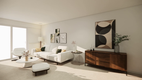 A modern living room with a white sofa, a wooden sideboard, and a large abstract painting on the wall.