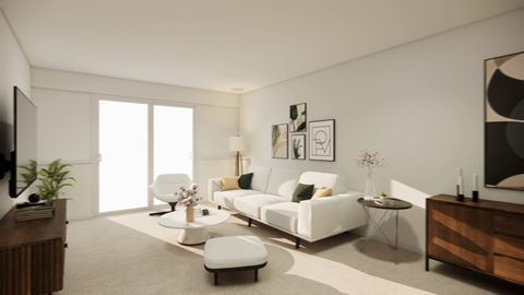 A modern living room with a white sofa and a wooden cabinet.
