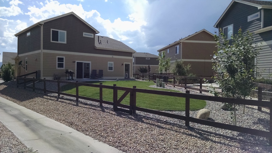 A sunny day at a residential area with houses and a fenced garden.