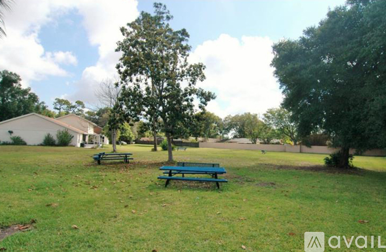 A park with a bench and trees.