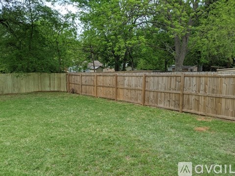 A backyard with a wooden fence and green grass.