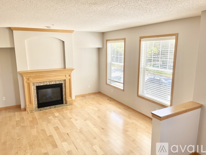 A living room with a fireplace and two windows.