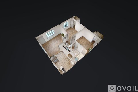 A top-down view of a house with a kitchen, living room, and two bedrooms.