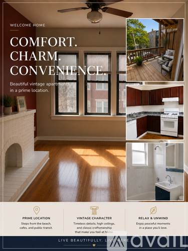 A real estate advertisement showcasing a cozy and inviting apartment with a prime location, vintage character, and relaxing ambiance.