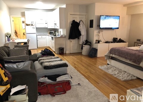 A living room with a grey couch, a bed, a television, and a kitchen area in the background.