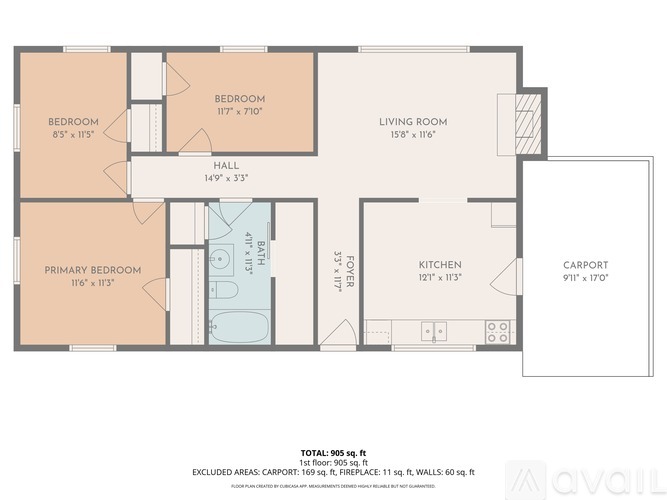 A floor plan of an apartment with a living room, two bedrooms, a kitchen, a carport, and a hall.
