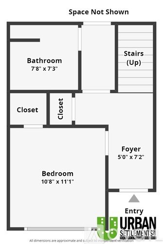 A floor plan of an apartment with a bedroom, bathroom, closet, and stairs.