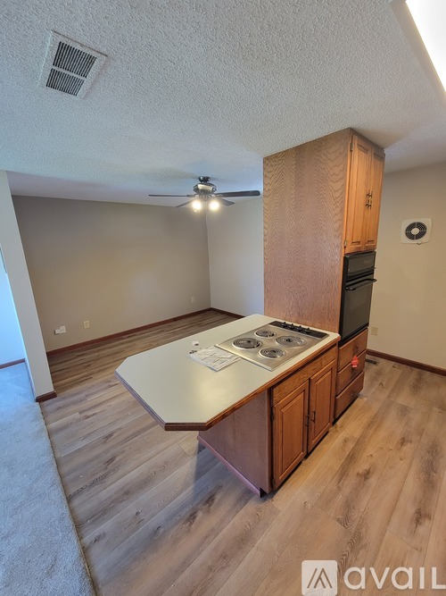 A kitchen with wooden cabinets and a stove top oven.