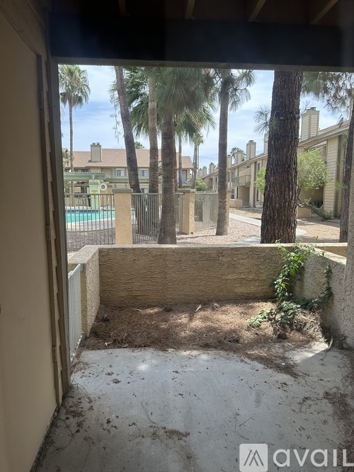A view from a window looking out to a pool and palm trees.