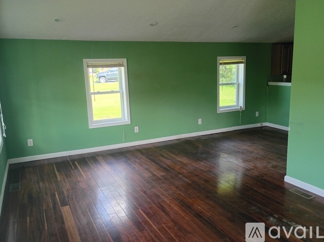A room with green walls and wood flooring is available.