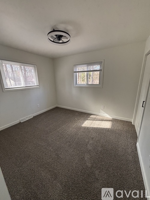 A room with a carpeted floor and two windows.