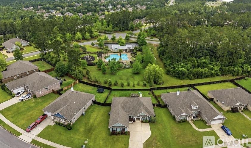 A bird's eye view of a residential area with houses and a swimming pool.