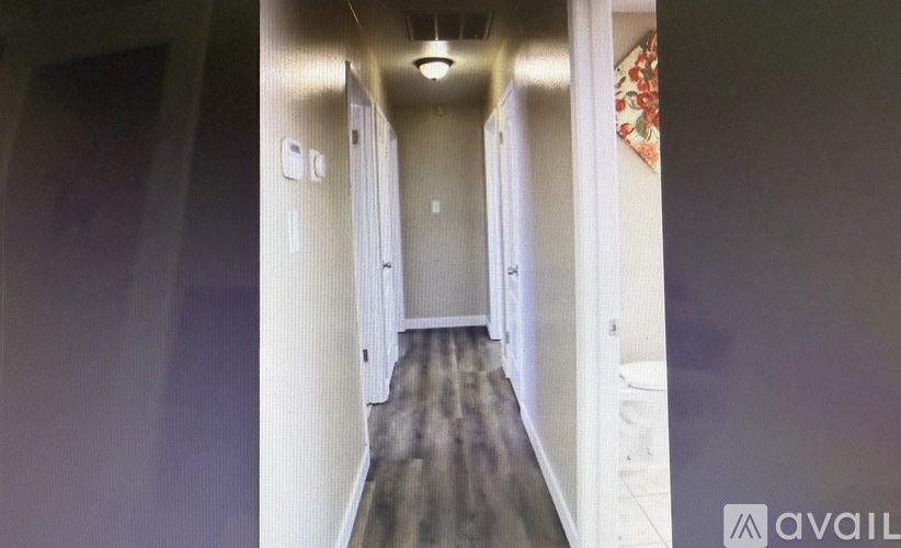 A long hallway with doors on both sides and a light on the ceiling.