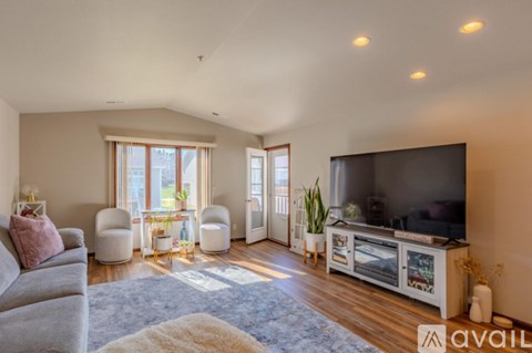 A living room with a grey couch, a white chair, a television and a blue rug.