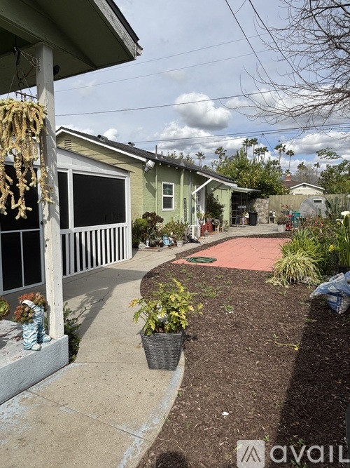A house with a green exterior and a porch with a hanging plant.