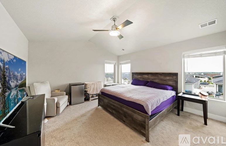 A bedroom with a large bed, a television, and a painting on the wall.